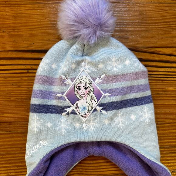 Disney Frozen Elsa blue purple pom pom fleece hat SIZE OS - Picture 2 of 4